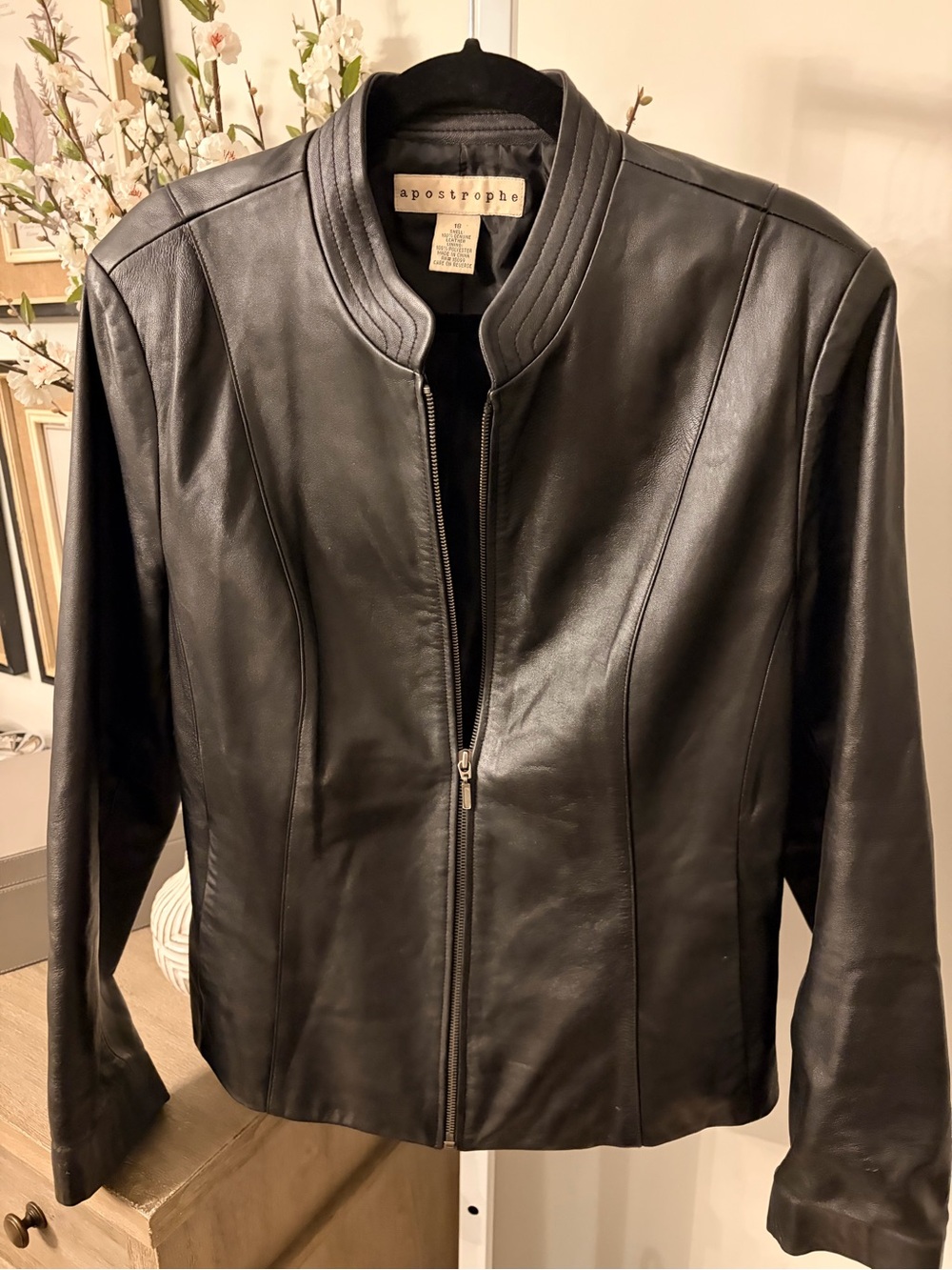 Apostrophe Black Genuine Leather Zip-Front Stand Collar Jacket. Fit 16/18